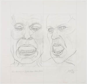 Black-and-white drawing of two ridged faces, one crying, one angry
