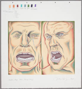 Print of two beige, ridged faces, one crying, one angry with a color palette and annotations above