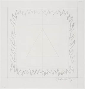 Black-and-white drawing of triangle inside a flaming square