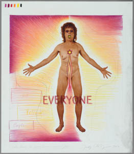 Print and drawing of Judy Chicago standing nude with a Star of David on her chest connected to a channel that runs down to her vulva on a pink and yellow gradient background
