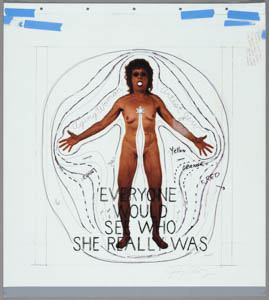 Print and drawing of Judy Chicago standing nude with a Star of David on her chest connected to a channel that runs down to her vulva and surrounded by black outlines and handwritten text