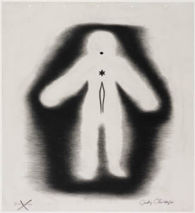 Black-and-white drawing of an outline of a white figure with a star connected to vertical channel on the torso on a black ground