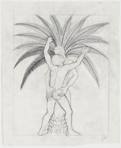 Black-and-white drawing of a nude, bald figure embracing a palm tree with a human head and torso
