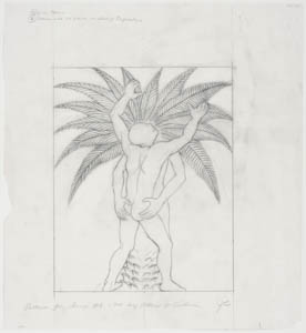 Black-and-white drawing of a nude, bald figure embracing a palm tree with human arms