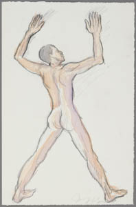 Drawing of a nude man with his arms raised, seen from the back