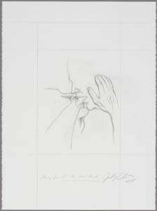 Black-and-white drawing of two people kissing with one person's hand on the other's face