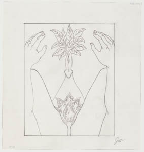 Black-and-white drawing of a figure with a flower between their legs, reaching their hands toward the pubic region of a standing figure with leaves above their penis