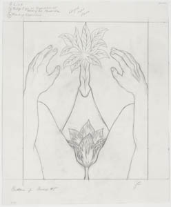 Black-and-white drawing of a figure with a flower between their legs, reaching their hands toward the pubic region of a standing figure with leaves above their penis
