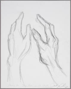 Black-and-white drawing of two hands reaching upwards as if cradling something