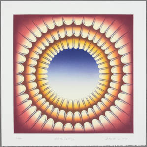 Print of a blue gradient circle surrounded by three concentric circles of pink and yellow petal-like shapes