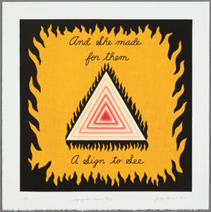 Print of a pink, striped triangle edged with black flames with handwritten text above and below on a gold square edged in flames