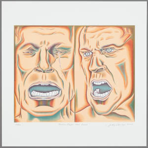 Print of two, beige, ridged faces, one crying, one angry