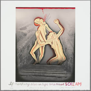 Print of two naked figures clutching one another at the base of a stairway with blood spraying from one of their mouths