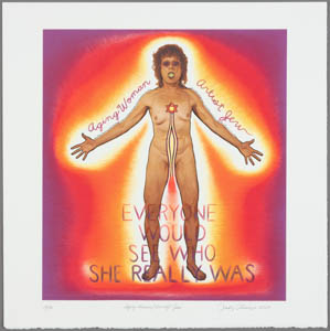 Print of Judy Chicago standing nude with her arms spread and a Star of David on her chest connected to a channel that opens between her legs, with handwritten text running down her arms and at her feet