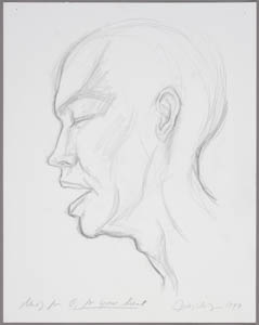 Black-and-white drawing of a bald person in profile