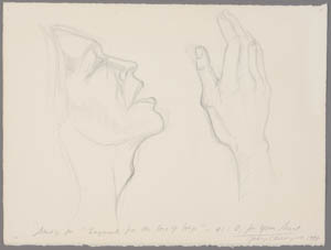 Black-and-white drawing of a woman in profile with her mouth open and one hand raised in front of her face
