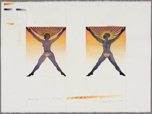 Two drawings of nude Black women standing with their arms raised against a gold gradient background