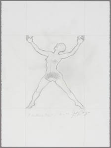 Black-and-white drawing of a nude woman standing with her arms raised and legs spread
