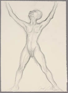 Black-and-white drawing of a nude woman standing with her arms raised
