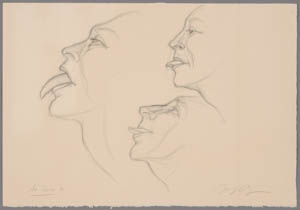 Black-and-beige drawing of three faces in profile sticking out their tongues