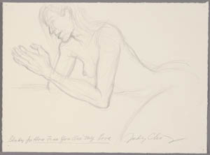 Black-and-white drawing of a nude woman leaning forward with one hand raised
