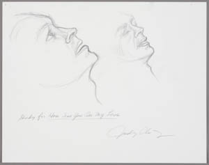 Black-and-white drawing of two upturned faces in profile