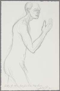 Black-and-white drawing of a nude person looking at their raised hand