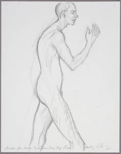 Black-and-white drawing of a nude person in profile looking at their raised hand