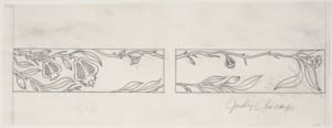 Black-and-white drawing of two horizontal panels with vegetation and flowers trailing across them