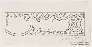 Black-and-white drawing of a horizontal panel with vegetation and a curlicue trailing across it