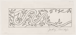 Black-and-white drawing of a horizontal panel with vegetation and a curlicue trailing across it