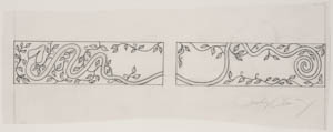 Black-and-white drawing of two horizontal panels with vegetation and a curlicue trailing across them