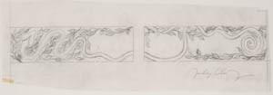 Black-and-white drawing of two horizontal panels with vegetation and a curlicue trailing across them
