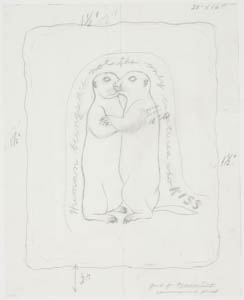 Black-and-white drawing of two prairie dogs embracing surrounded by handwritten text and outlines