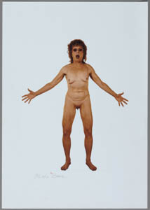 Color photograph of Judy Chicago standing nude with her arms spread