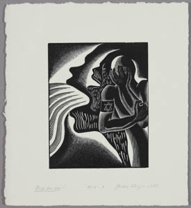 Black-and-white print of a vomiting head in profile with a skull and a figure wearing a Star of David armband superimposed on it