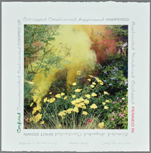 Print of yellow smoke rising from a garden of flowers, ringed with handwritten text