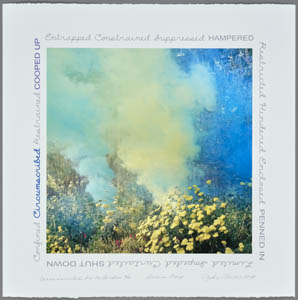 Print of yellow smoke rising from a garden of flowers, ringed with handwritten text