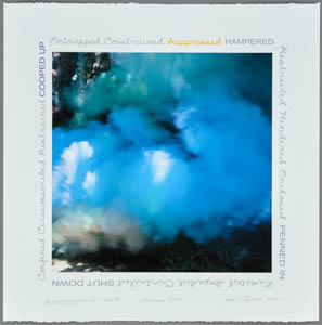 Print of blue smoke rising in a garden, ringed with handwritten text