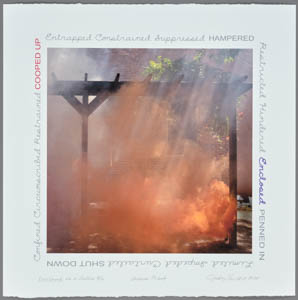 Print of orange smoke rising under a trellis, ringed with handwritten text