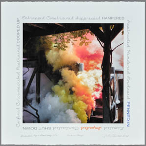 Print of multicolored smoke rising around a staircase and a trellis, ringed with handwritten text