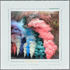 Print of plumes of multicolored pastel smoke rising in a garden, ringed with handwritten text