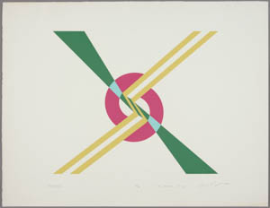 Print contains a maroon circle in the center intersected diagonally by a dark green blade and parallel golden lines