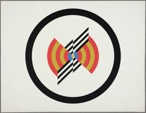Print has a black circle in the middle containing a bifurcated red and yellow target with zig zagging black-and-white lines