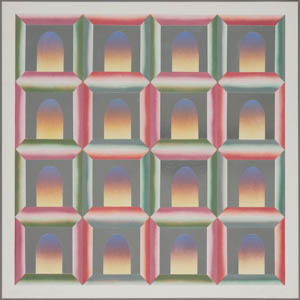 Four-by-four repeating grid of sunset-hued rounded doorways framed in pink