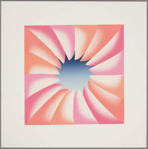 A square print with a navy blue gradient in the center framed by petals of pink and orange