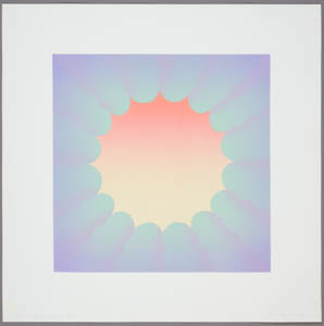 A square print with a circular orange gradient in the center framed by undulating volumes of blue and teal