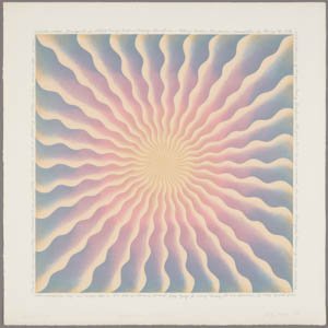 A sun-like yellow circle in the center of this square print emits a gradient of pastel-colored rays in pink, purple, teal, and blue