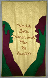 Gold textile with handwritten text in the center flanked on either side by a green figure and a dark red figure holding each other's faces