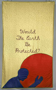 Gold textile with handwritten text in the center above a blue person embracing an orange orb